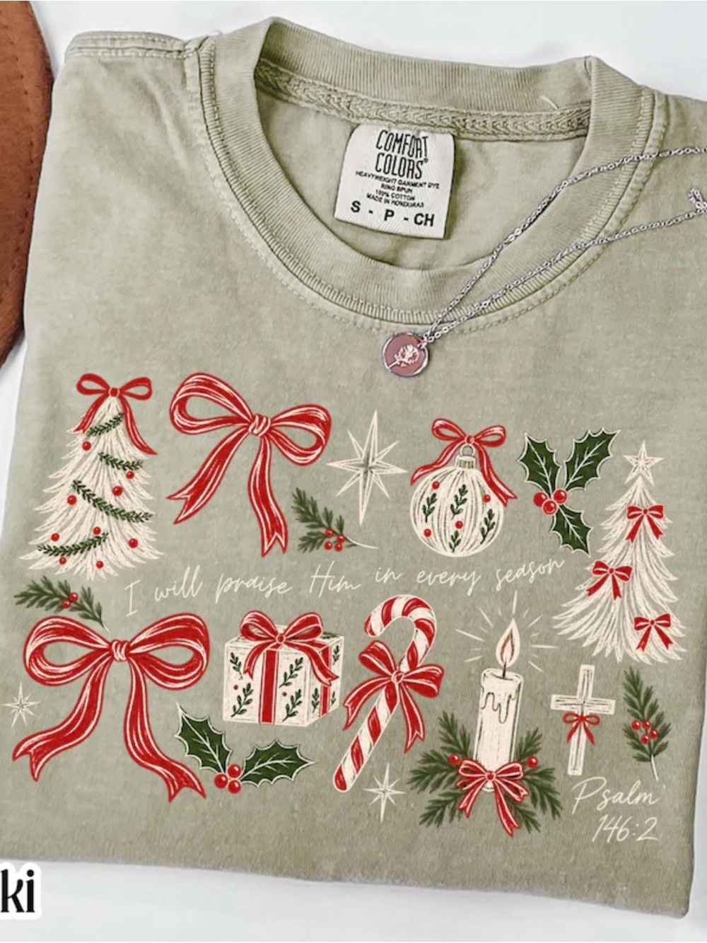 Comfort Colors Khaki Holiday Graphic Tee with Red & Cream Accents
